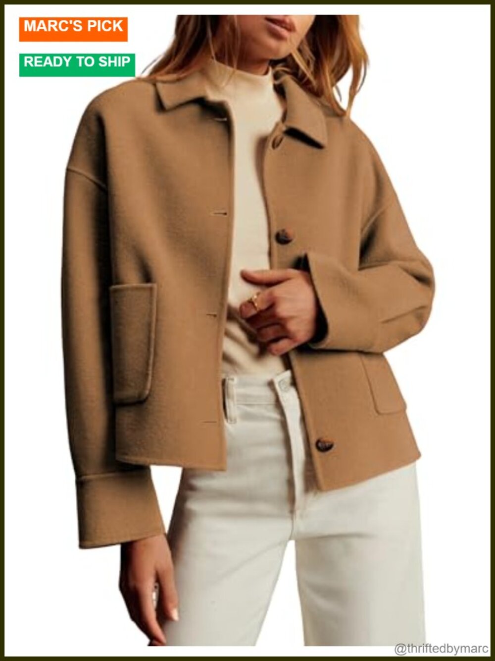 Wool Blend Cropped Pea Coat Boxy Fit Button Front Casual Jacket